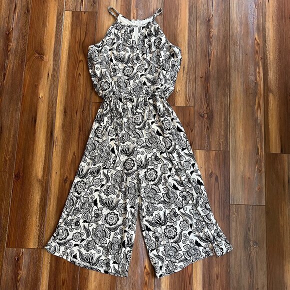 London Times Women’s Jumpsuit Keyhole Halter Black & White Floral Wide Leg Sz 6 - Picture 1 of 13